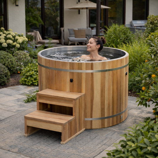 Dynamic Cold Therapy 304 Stainless Steel Barrel Cold Plunge Tub with Pacific Cedar Exterior