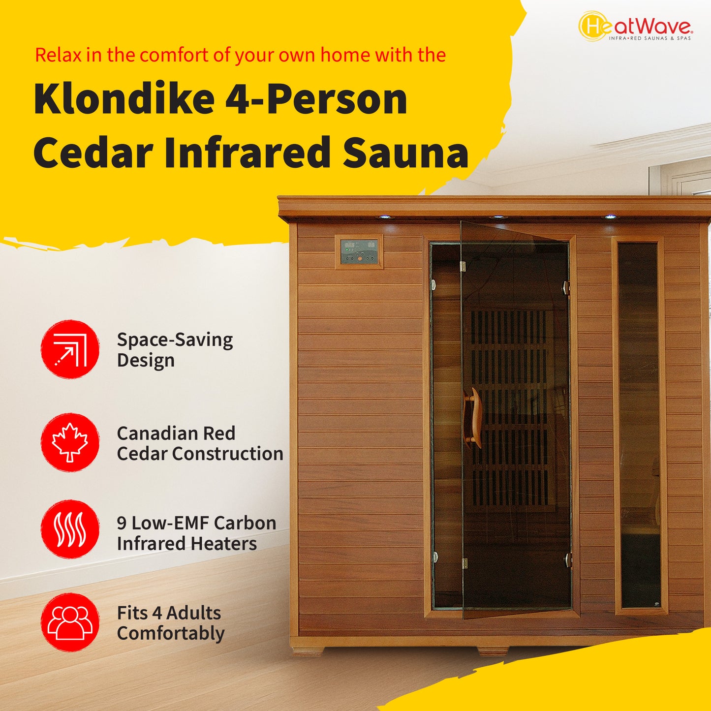 HeatWave Klondike 4-Person Cedar Infrared Sauna with 9 Carbon Heaters