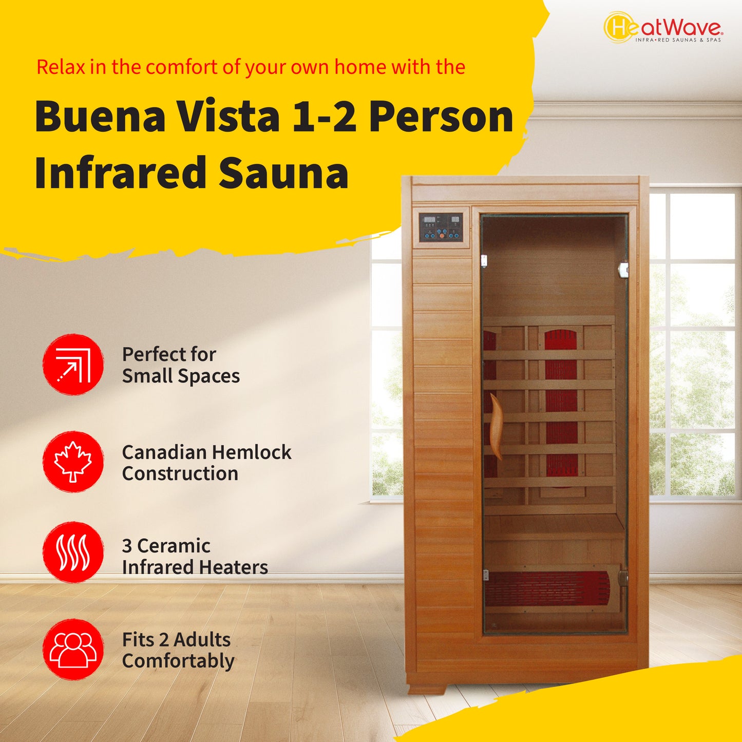 HeatWave Buena Vista 1-2 Person Hemlock Infrared Sauna with 3 Ceramic Heaters