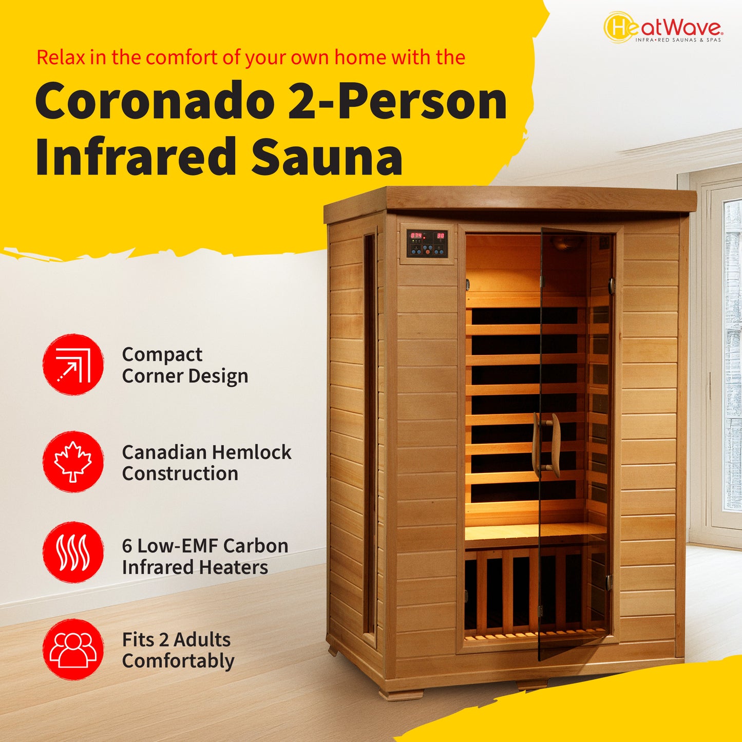HeatWave Coronado 2-Person Hemlock Deluxe Infrared Sauna with 6 Carbon Heaters