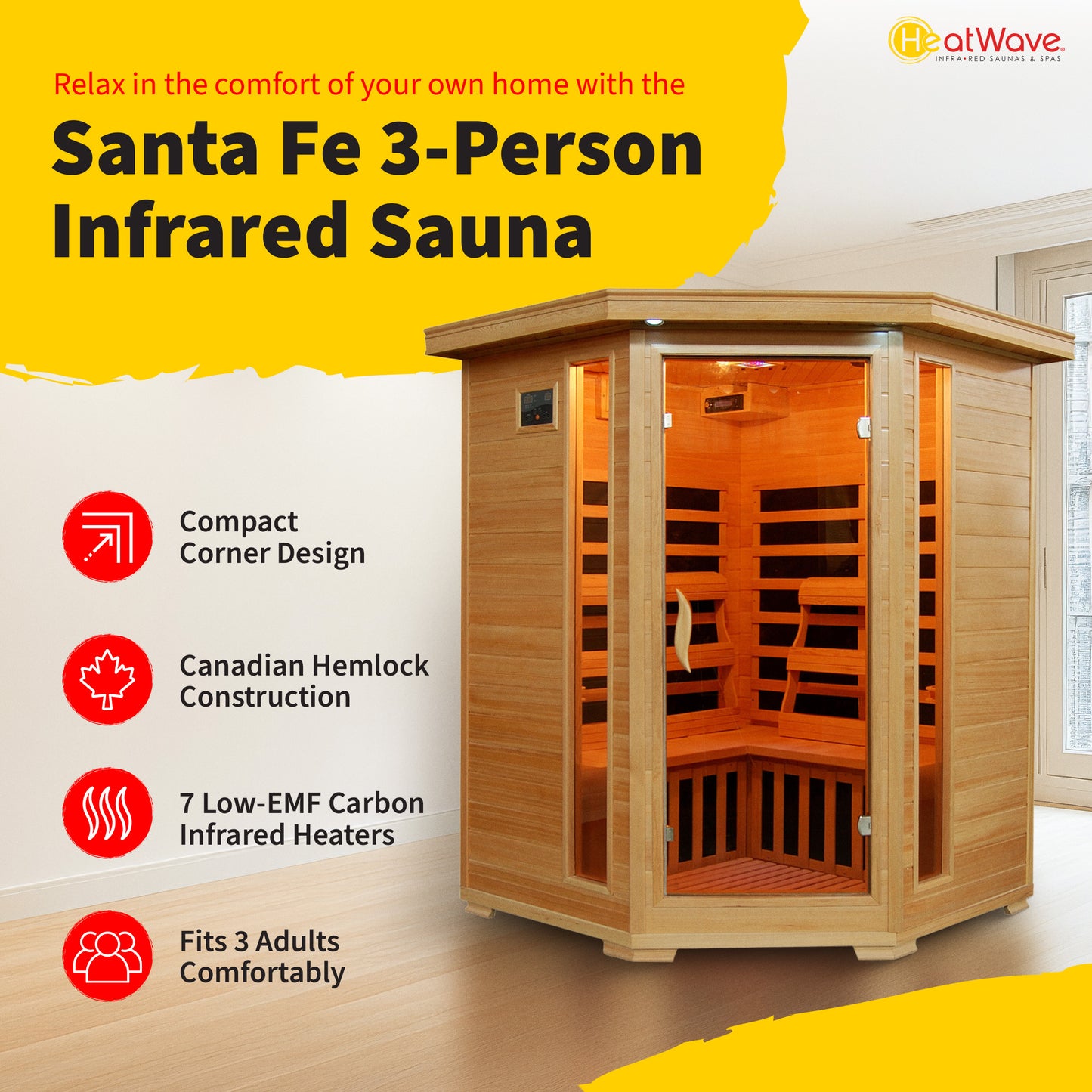 HeatWave Santa Fe 3-Person Hemlock Corner Infrared Sauna with 7 Carbon Heaters