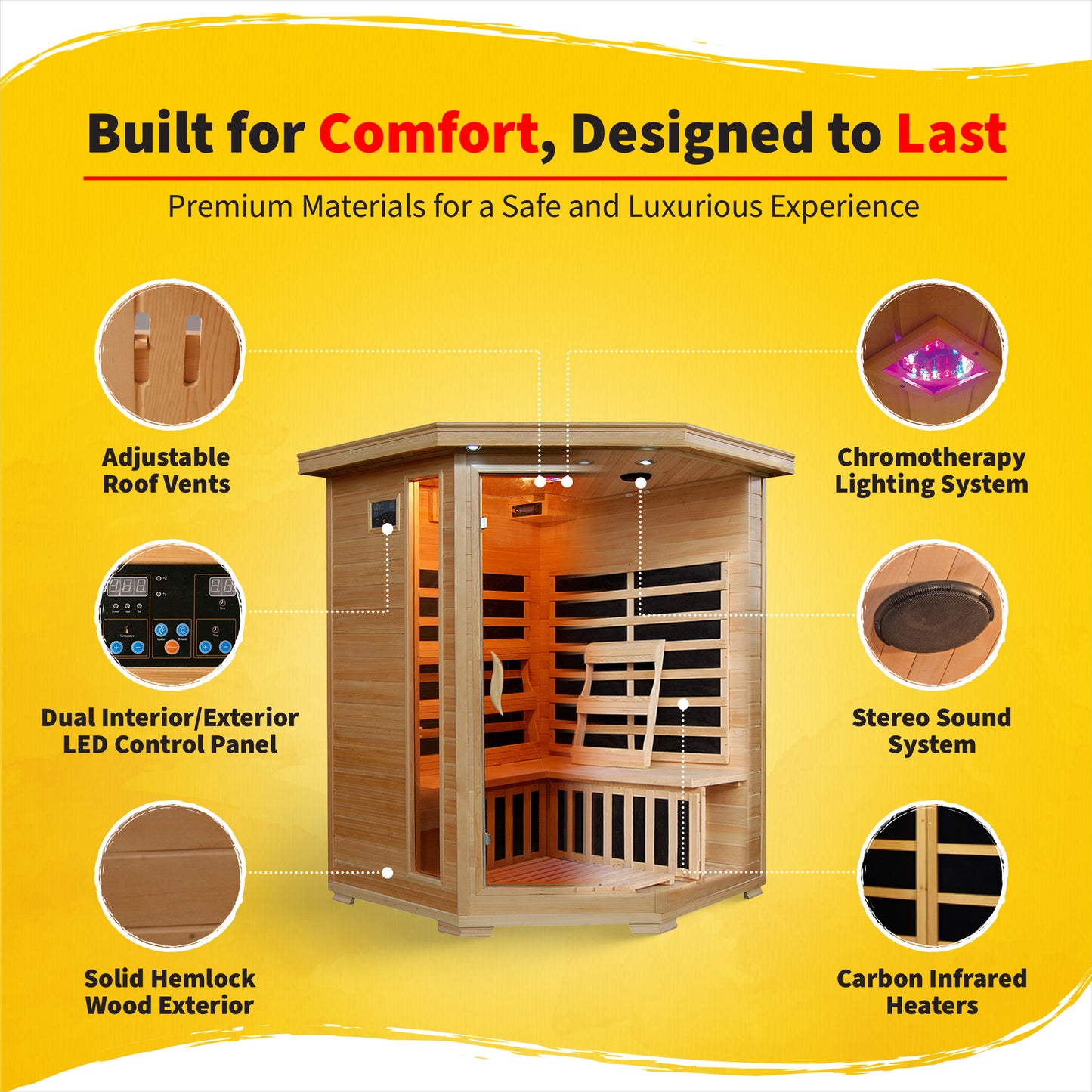 HeatWave Santa Fe 3-Person Hemlock Corner Infrared Sauna with 7 Carbon Heaters