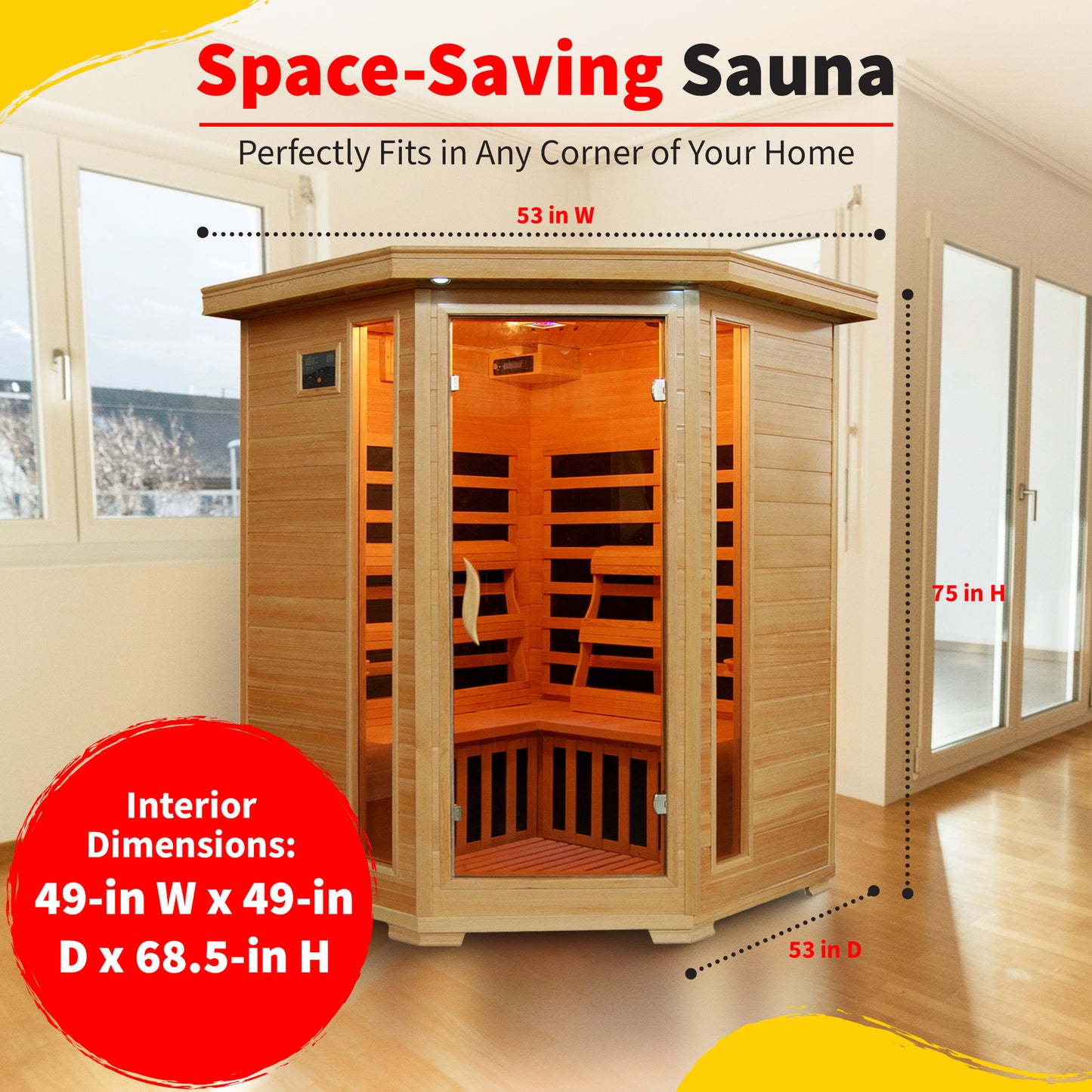 HeatWave Santa Fe 3-Person Hemlock Corner Infrared Sauna with 7 Carbon Heaters