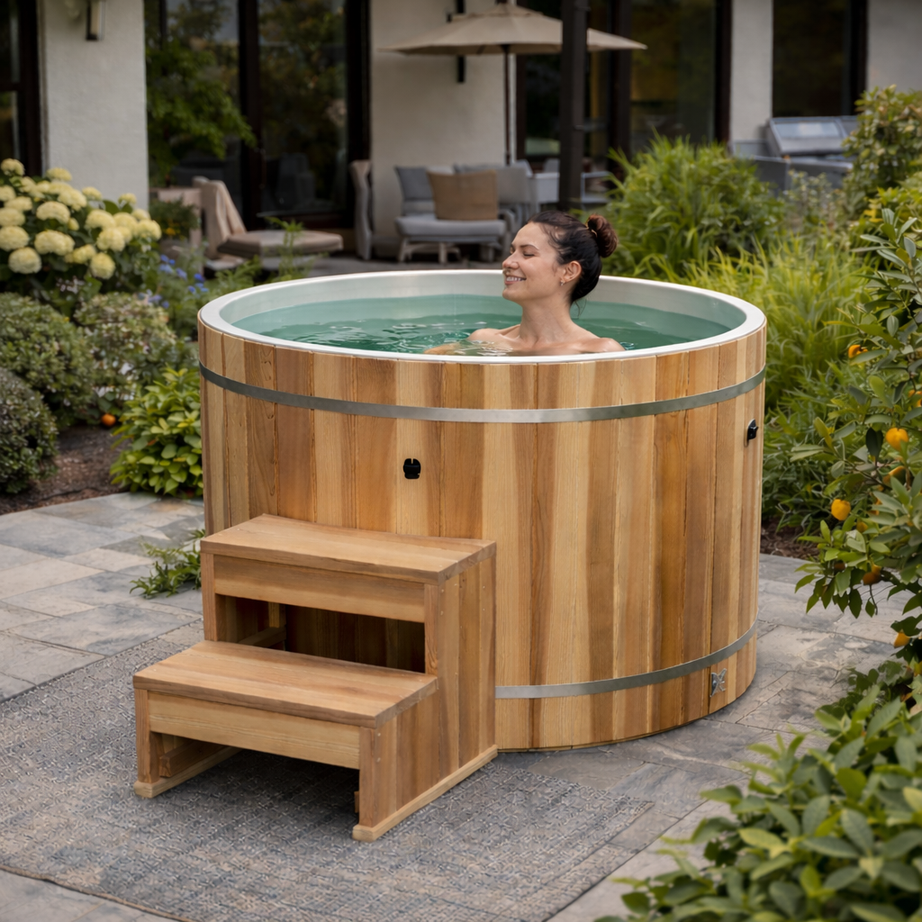 Dynamic Cold Therapy PVC Barrel Cold Plunge Tub with Pacific Cedar Exterior