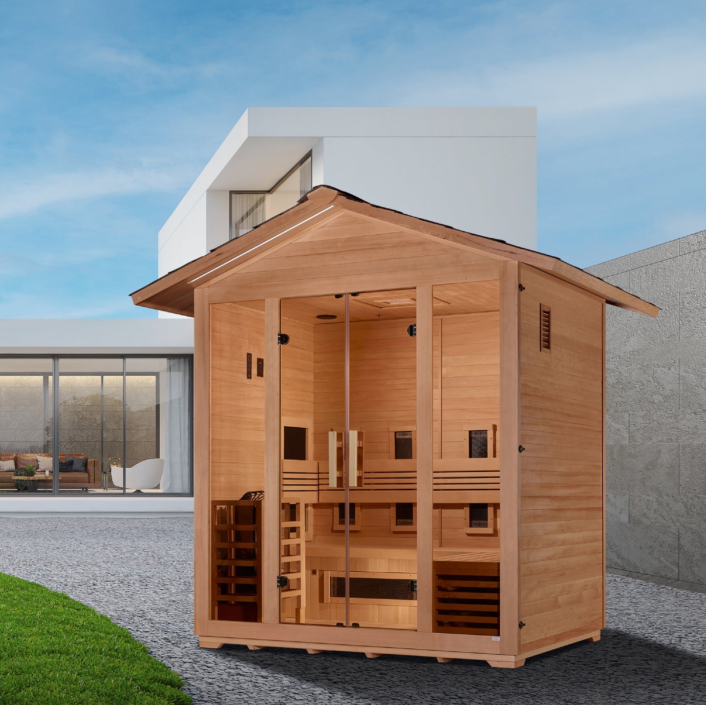 Golden Designs "Gargellen" 5-Person Hybrid Outdoor Sauna — Traditional Steam or Full Spectrum Infrared