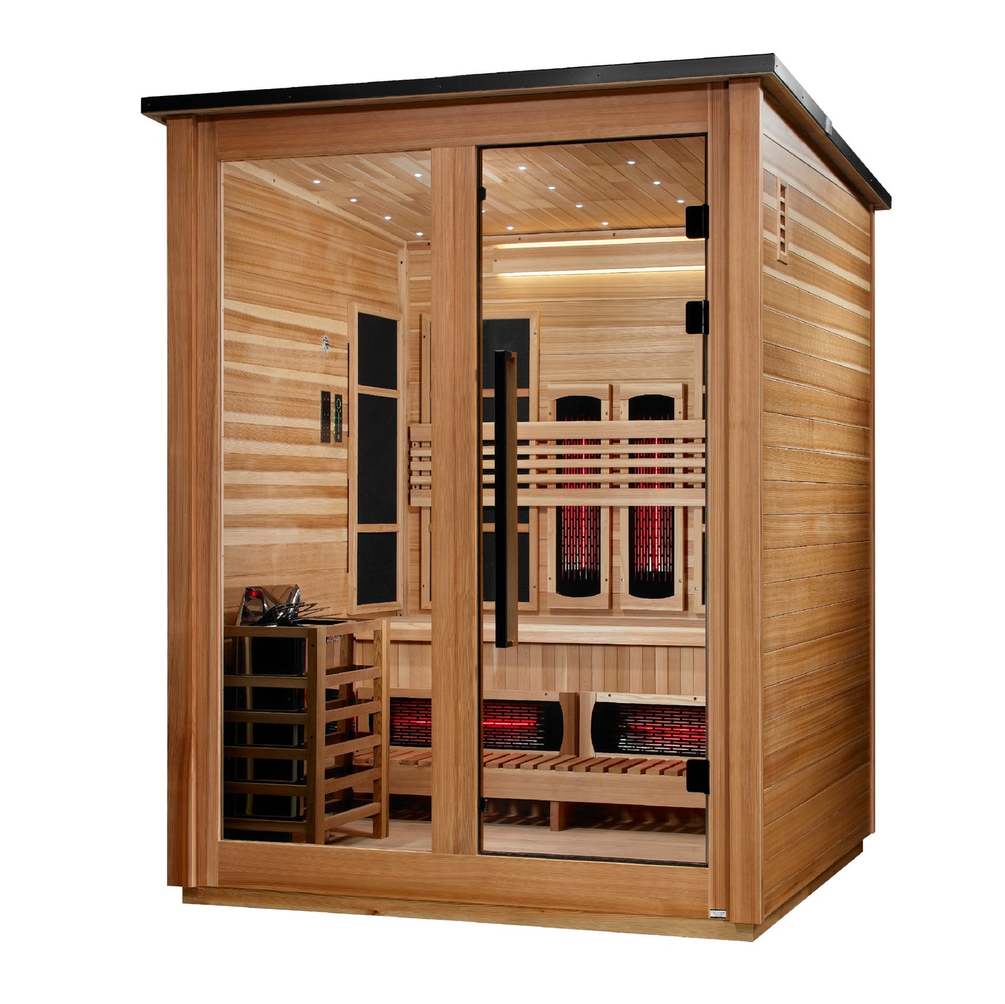 Golden Designs "Loviisa" 3-Person Barn Hybrid Outdoor Sauna (Pacific Cedar) — Traditional Steam or Full Spectrum Infrared