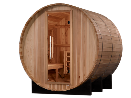 Golden Designs "Arosa" 4-Person Pacific Cedar Barrel Sauna with Traditional Finnish Stove
