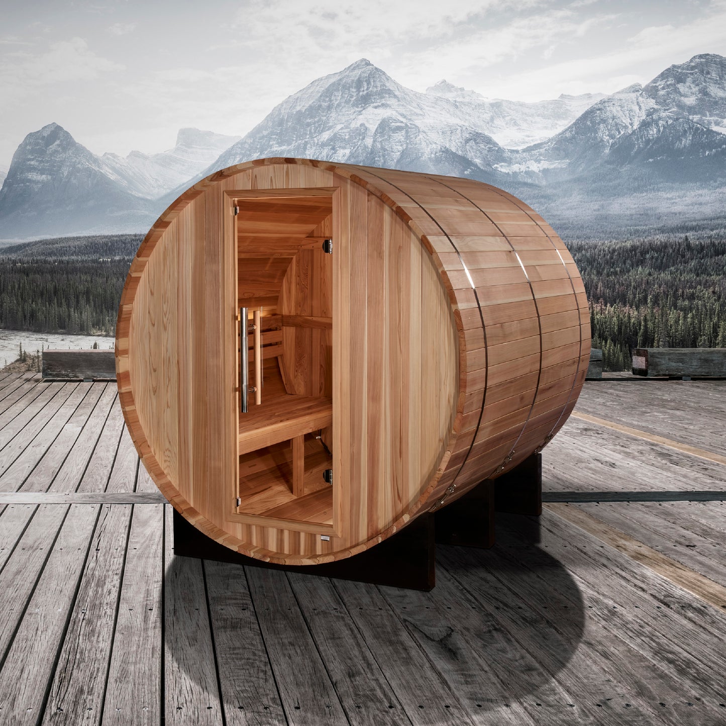 Golden Designs "Arosa" 4-Person Pacific Cedar Barrel Sauna with Traditional Finnish Stove