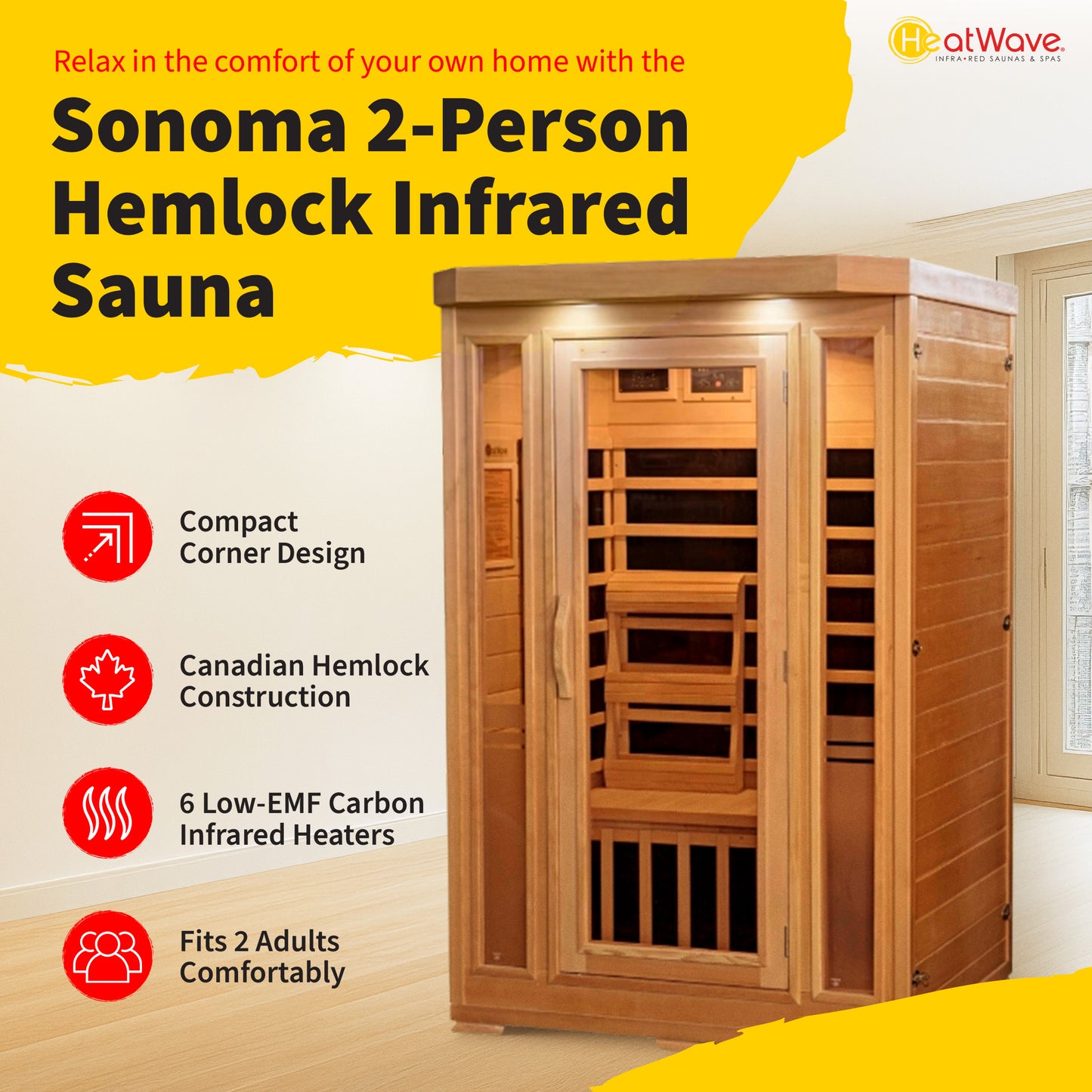 HeatWave Sonoma 2-Person Hemlock Infrared Sauna with 6 Carbon Heaters