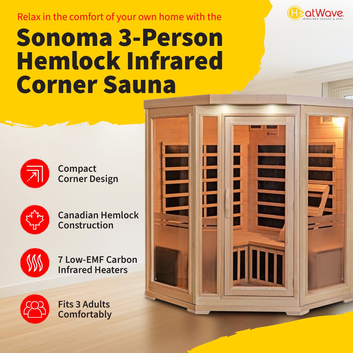 HeatWave Sonoma 3-Person Hemlock Infrared Corner Sauna with 7 Carbon Heaters