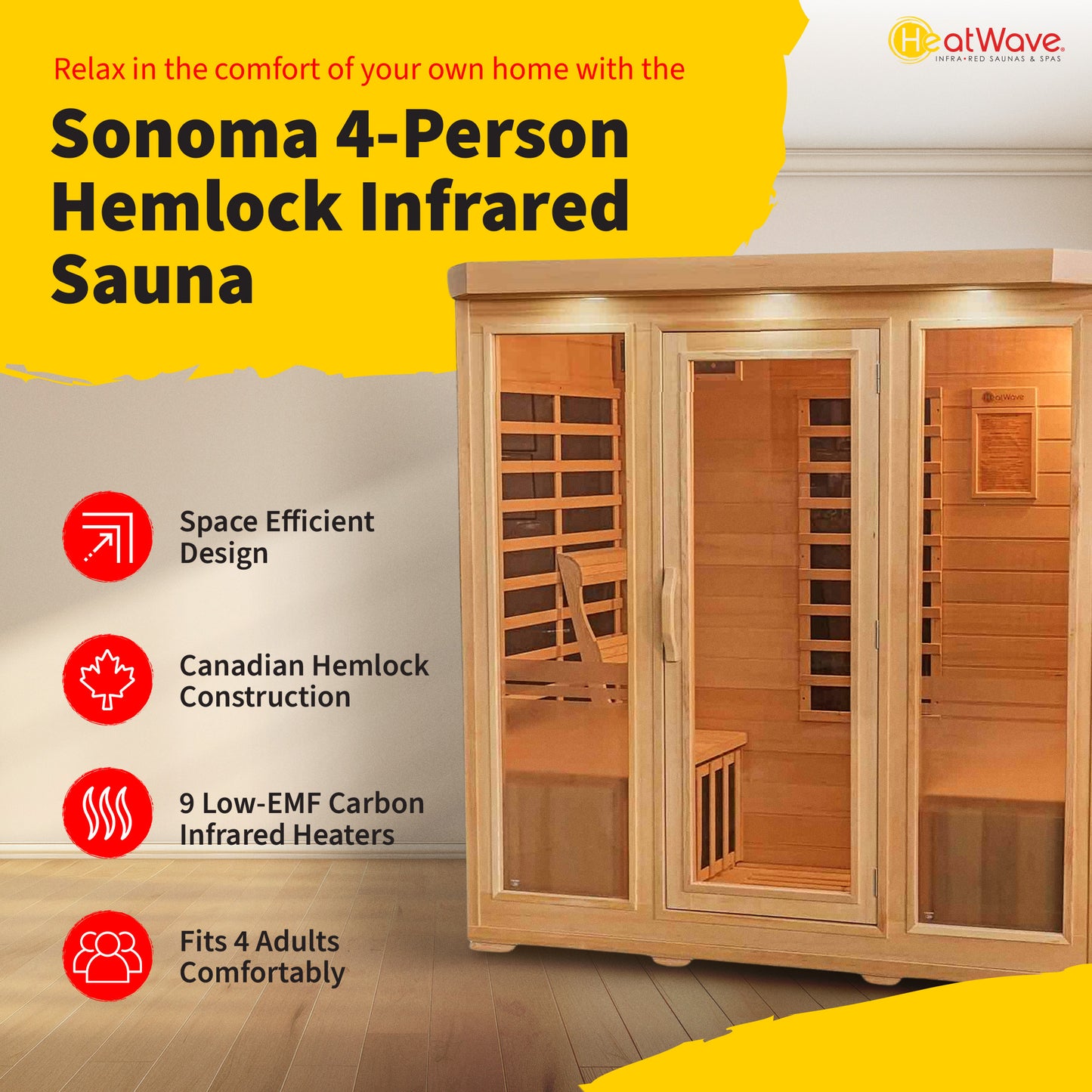 HeatWave Sonoma 4-Person Hemlock Infrared Sauna with 9 Carbon Heaters